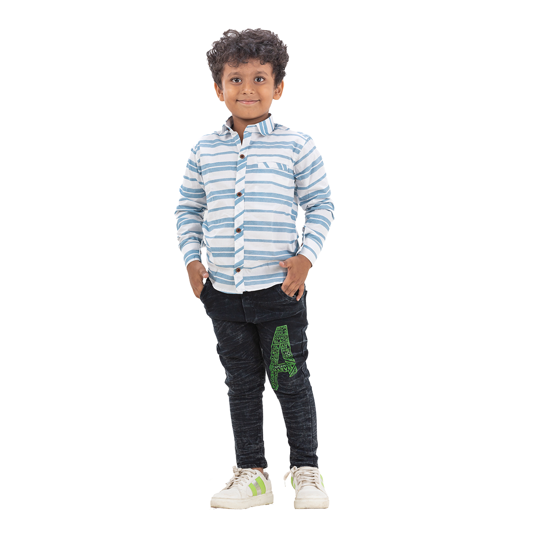 Kids Full Sleeve Shirt Pure Cotton Striped_White-Light Blue_3